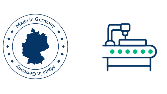 Logo "Made in Germany" mit Deutschlandkarte und Symbol einer Produktionsmaschine.