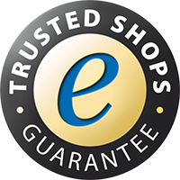 Ein rundes Siegel mit dem Text "Trusted Shops Guarantee" und einem blauen "e" auf goldenem Hintergrund.