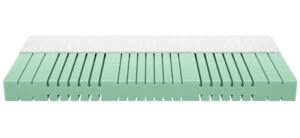 Matelas avec noyau en mousse verte et housse blanche, structure rayée pour une aération et un confort optimaux.