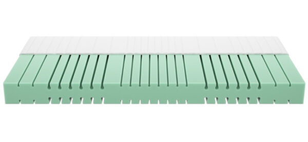 Matratze mit grünem Schaumstoffkern und weißem Bezug, gestreifte Struktur für optimale Belüftung und Komfort.