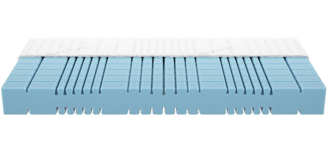 Matratze mit blauer Kaltschaum-Schicht und weißem Bezug, ergonomisch gestaltet für optimalen Schlafkomfort.