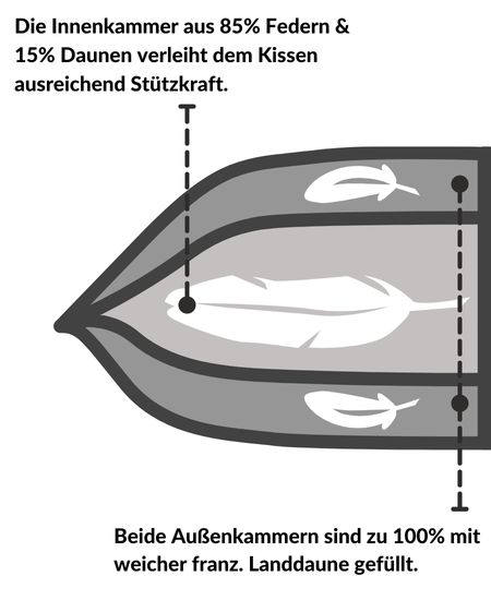 Schematische Darstellung eines Kissens mit 85% Federn und 15% Daunen in der Innenkammer, außen 100% französische Landdaune.
