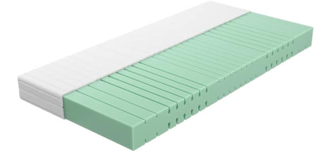 Matratze mit zwei unterschiedlichen Härtegraden, grüne und weiße Schaumstoffschichten, gestreifte Struktur.