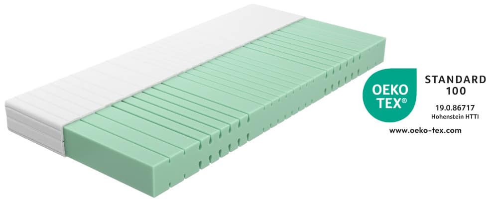 Eine Matratze mit zwei unterschiedlichen Seiten: eine weiße und eine mintgrüne, mit Oeko-Tex Standard 100 Zertifizierung.