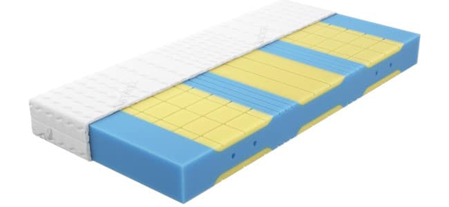 Matratze mit gelber und blauer Schaumstoffschicht, abgedeckt mit weißem, gestepptem Bezug.