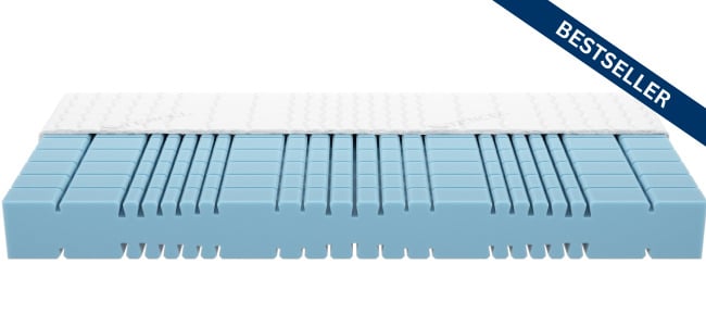 Matratze mit blauer Kernstruktur und weißem Bezug, ausgezeichnet als Bestseller.