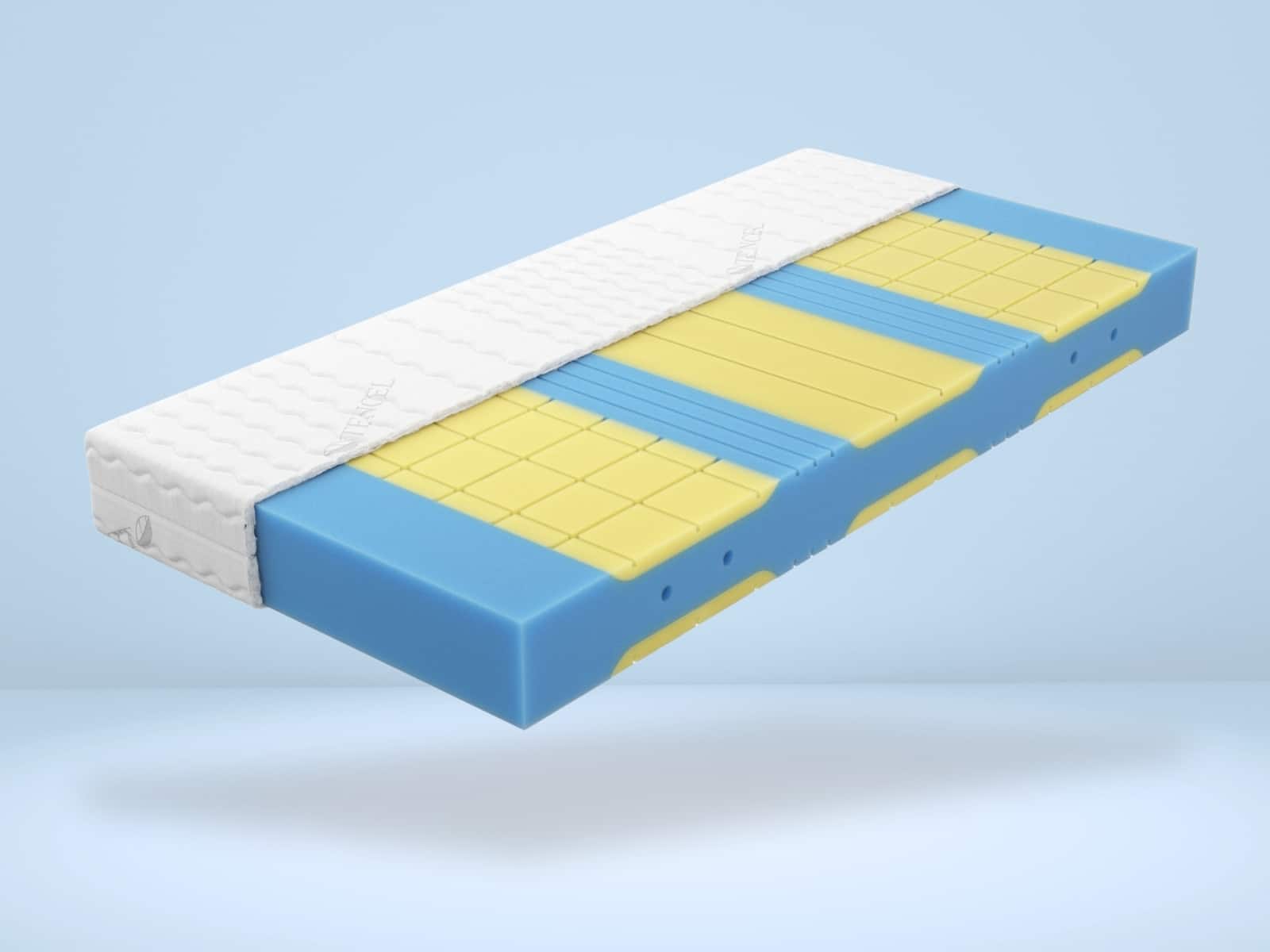 Premium Plus Kaltschaummatratze in Blau und Gelb, seitliche Ansicht