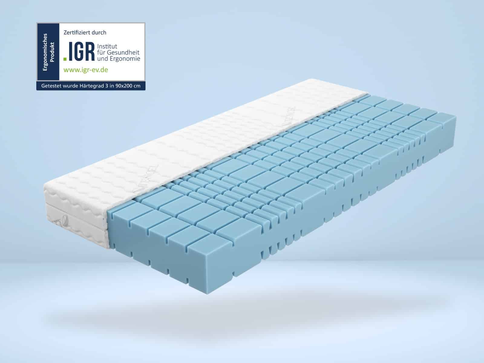 Produktbild eines blauen und weißen Schaumstoffkerns mit 12 cm Dicke, Modell KS Premium