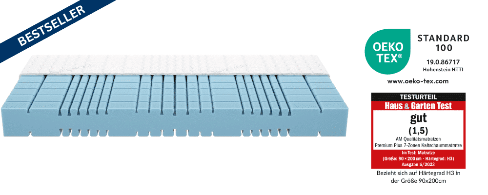 Premium 7-Zonen Kaltschaummatratze in der Größe 90x200 cm, Härtegrad H3, mit Öko-Tex-Siegel und Testergebnis "gut".