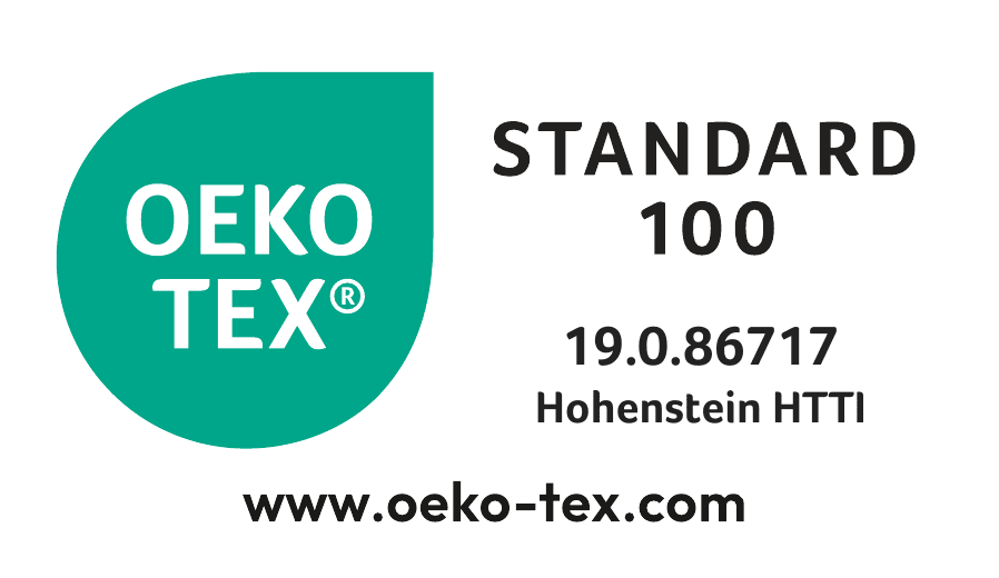 Logo des OEKO-TEX® Standard 100, mit der Zertifikatsnummer 19.0.86717 von Hohenstein HTTI.