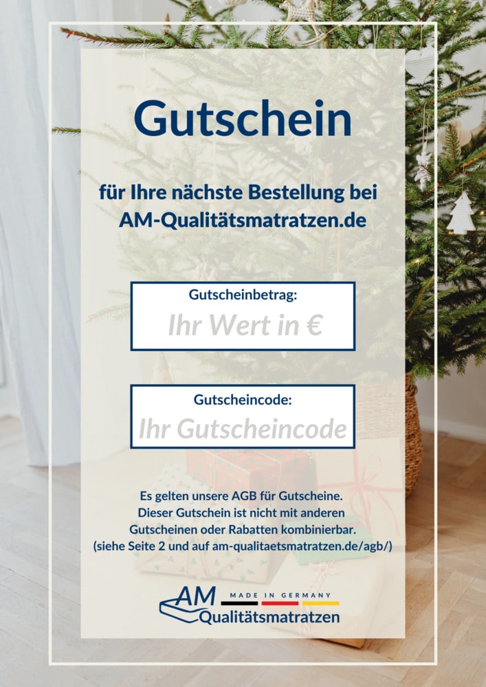 Gutschein für AM-Qualitätsmatratzen mit Platz für Betrag und Gutscheincode, um die nächste Bestellung zu reduzieren.
