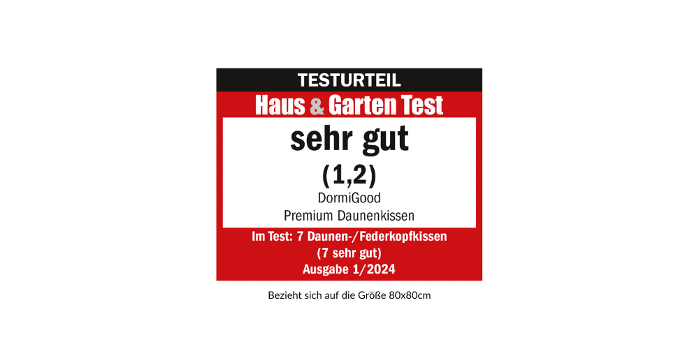 Testurteil für DormiGood Premium Daunenkissen, Größe 80x80 cm, Bewertung: sehr gut (1,2) im Haus & Garten Test.