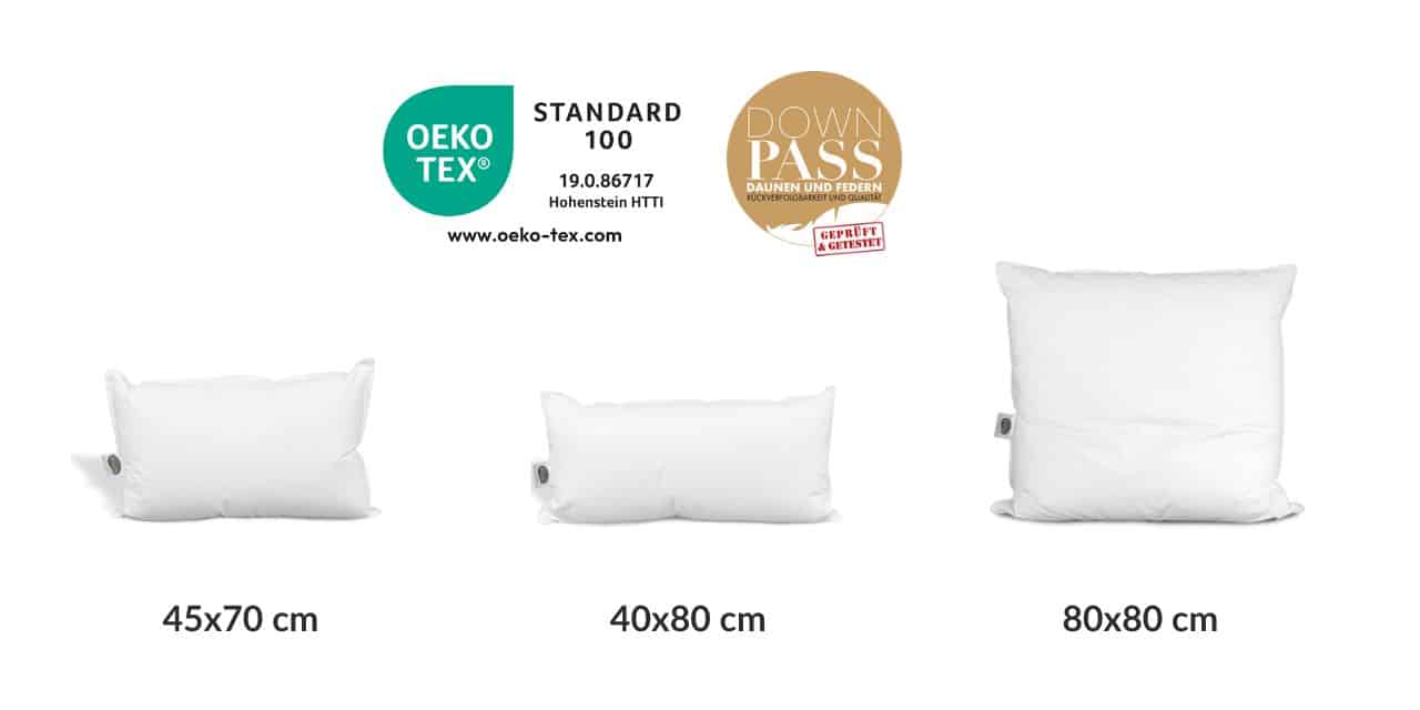 Drei weiße Daunenkissen in den Größen 45x70 cm, 40x80 cm und 80x80 cm mit Oeko-Tex- und Down Pass-Zertifizierung.