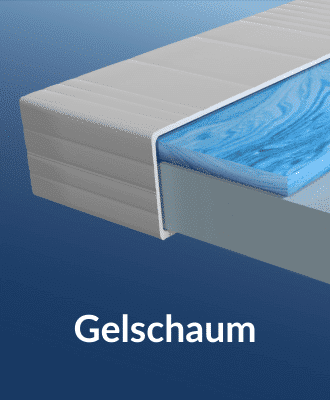 Gelschaummatratze mit blauer Schicht, seitliche Ansicht, zeigt Materialstruktur und Verarbeitung.
