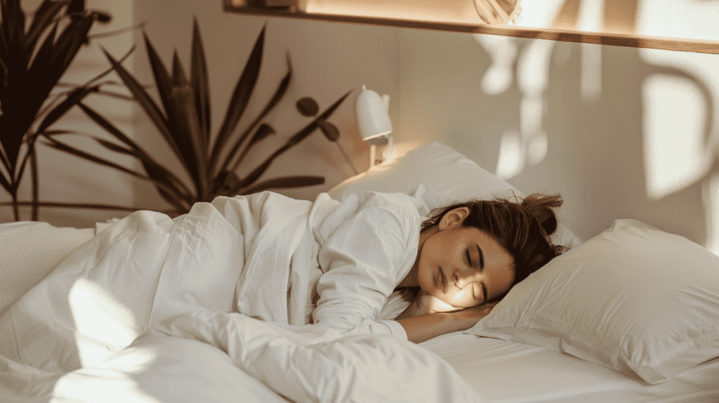 Eine junge Frau die auf dem Bauch schläft in einem hellen weißen Schlafzimmer.