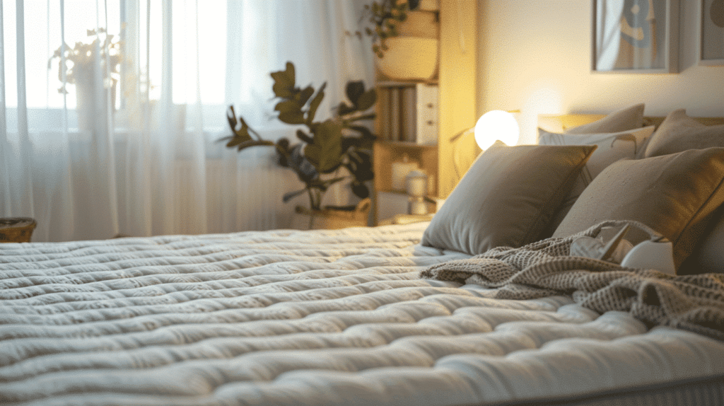 Eine helle Matratze mit gestepptem Bezug, umgeben von Kissen und einer Decke auf einem Bett.