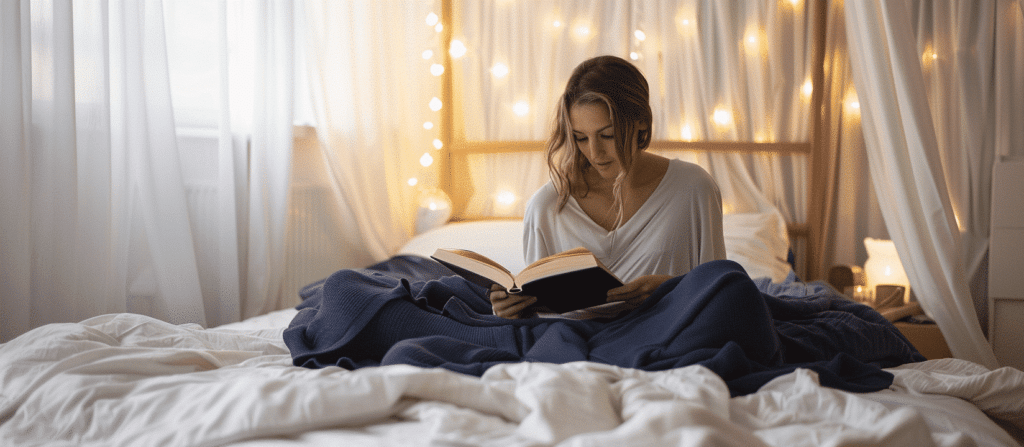 Eine Frau in einem weißen Oberteil sitzt im Bett und liest ein Buch, umgeben von einer blauen Decke und sanfter Beleuchtung.
