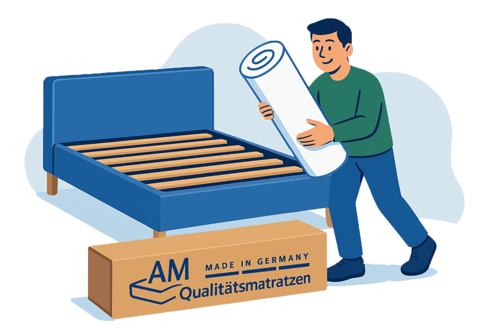Eine Person packt eine gerollte Matratze aus und hält sie vor einem blauen Bettgestell. Daneben steht eine Verpackung mit der Aufschrift "AM Qualitätsmatratzen".