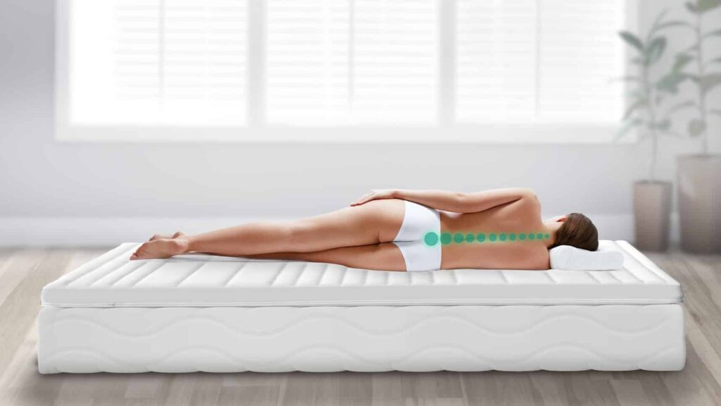 Eine Person liegt auf einem weißen Topper, die eine ergonomische Unterstützung für die Wirbelsäule bietet.