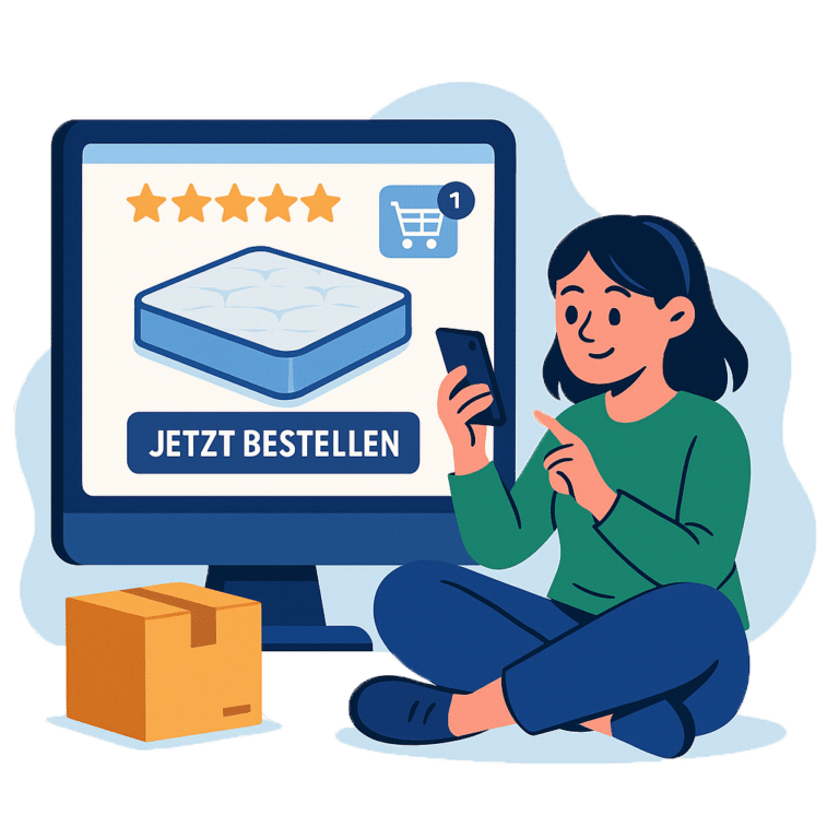 Eine Person sitzt auf dem Boden und bestellt eine Matratze online über ihr Smartphone.