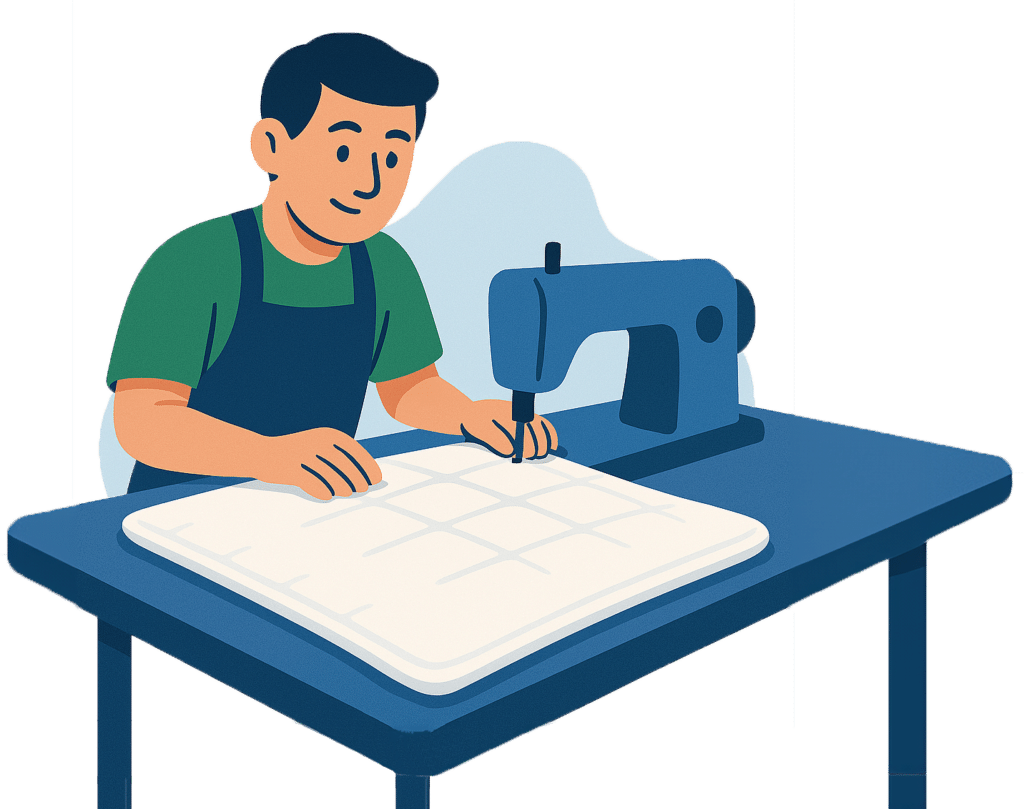 Ein Mann näht an einer Nähmaschine eine Matratze auf einem Tisch.