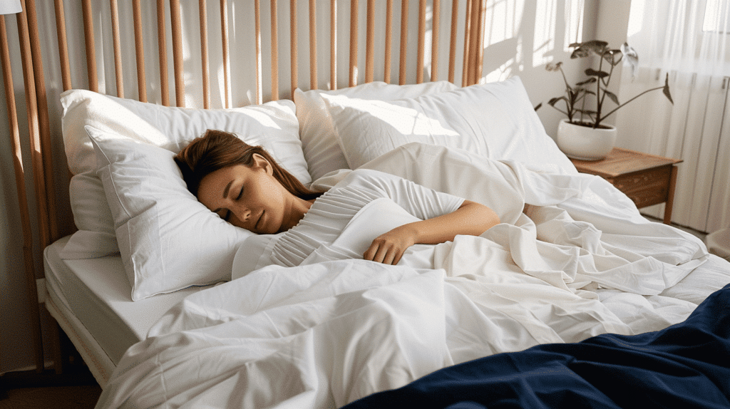 Eine schlafende Frau liegt auf einem Bett mit weißen Kissen und Decken, in einem hellen Raum.