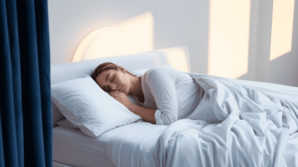 Eine schlafende Person auf der Seite, eingekuschelt in weiße Bettwäsche, mit Kopf auf einem Kissen.