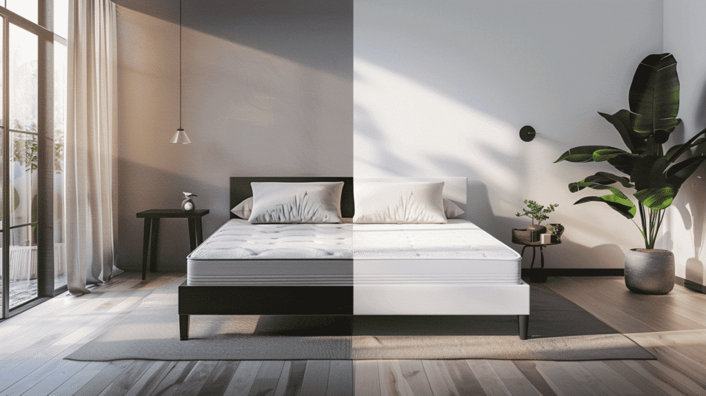 Bild zeigt eine geteilte Ansicht von zwei Matratzenmodellen: links TFK-Federkern, rechts Kaltschaum, auf einem modernen Bett.