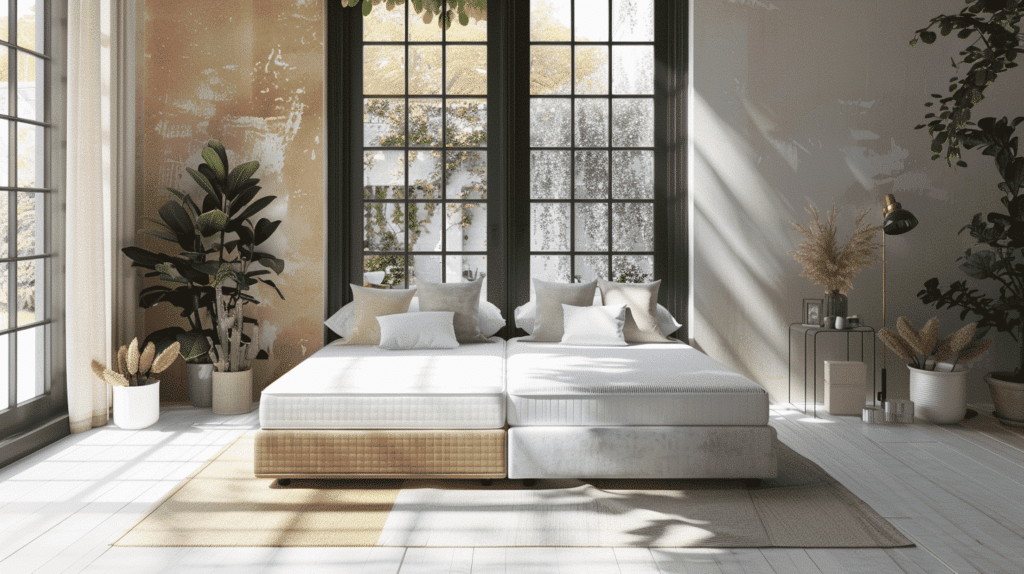 Zwei Matratzen in einem hellen Schlafzimmer, eine mit gestreiftem Bezug, die andere in neutralem Ton, umgeben von Kissen und Pflanzen.