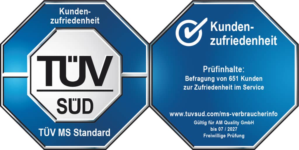 TÜV Siegel für Kundenzufriedenheit mit blauer und weißer Gestaltung