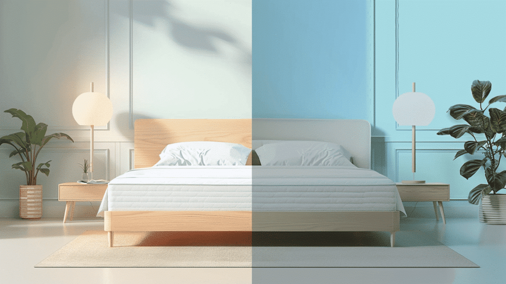 Zweigeteilte Darstellung eines modernen Schlafzimmers mit Holzbetten, weißen Bettwäsche und stilvollen Lampen in sanften Farben.