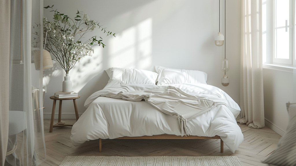 Weißes Bett mit weicher Bettwäsche und einer beige Decke, auf einem Holzgestell, in einem hellen Raum.