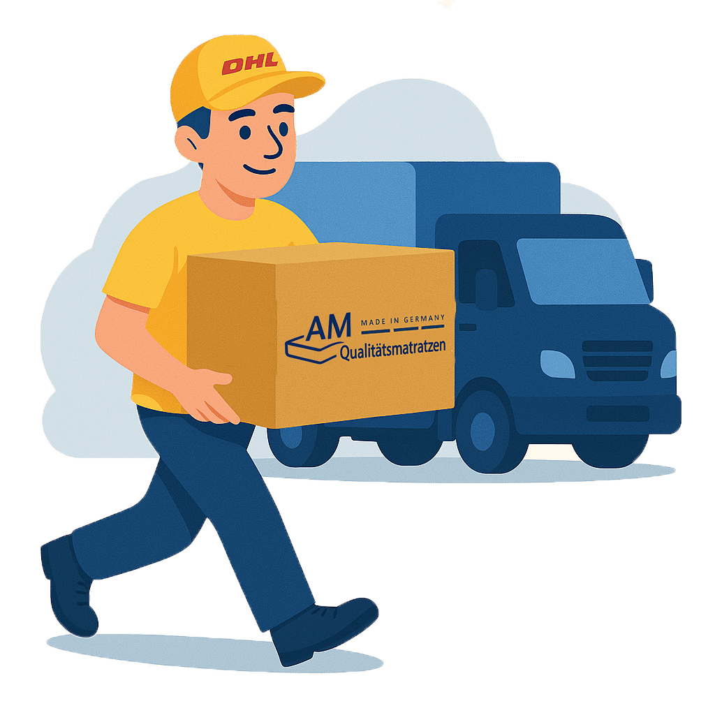 Lieferbote in gelber DHL-Kleidung trägt eine Kiste mit "Qualitätsmatratzen" aus Deutschland.