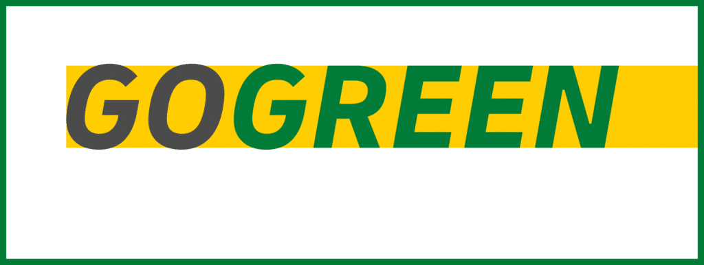 Logo mit dem Schriftzug "GO GREEN" in grüner und grauer Schrift auf gelbem Hintergrund.