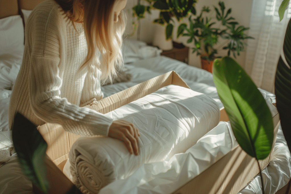 Eine Person entnimmt eine gerollte, weiße Matratze aus einem Karton auf einem Bett.