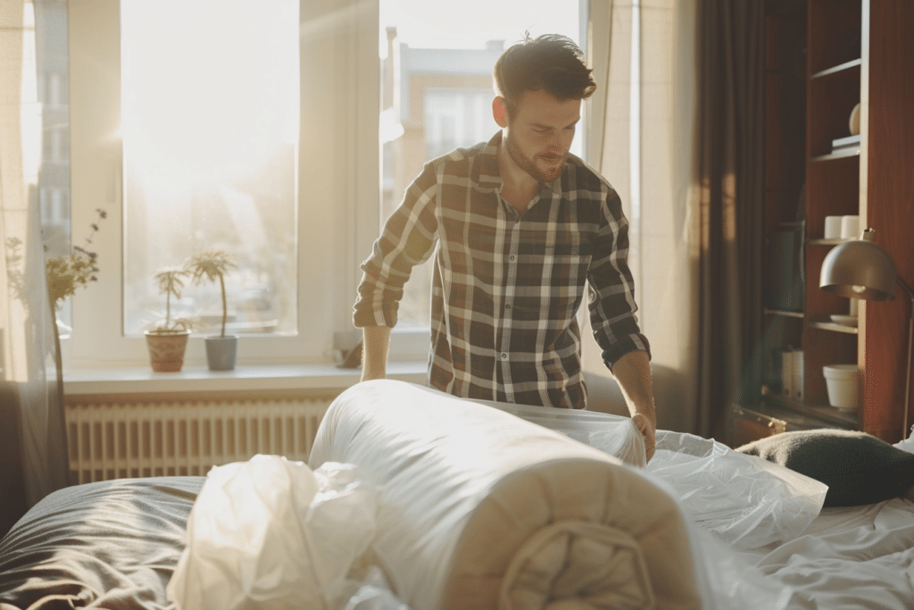 Ein Mann packt eine Matratze aus, die in Folie eingewickelt ist, auf einem Bett im Sonnenlicht.