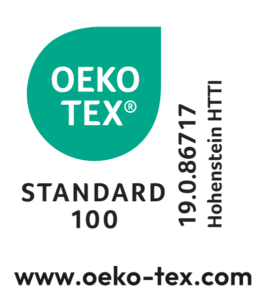 Öko-Tex Standard 100 Siegel in grün und schwarz, zertifiziert von Hohenstein HTTI, mit Website-URL.