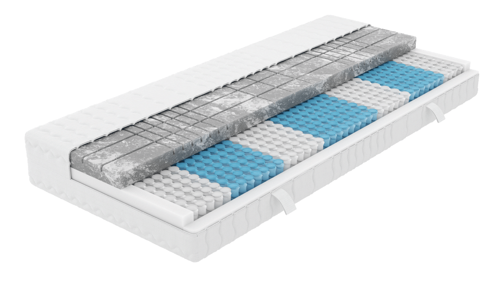 3D Deluxe Hybridschaummatratze mit diagonalem, transparentem Design und unterschiedlichen Schaumstoffschichten.