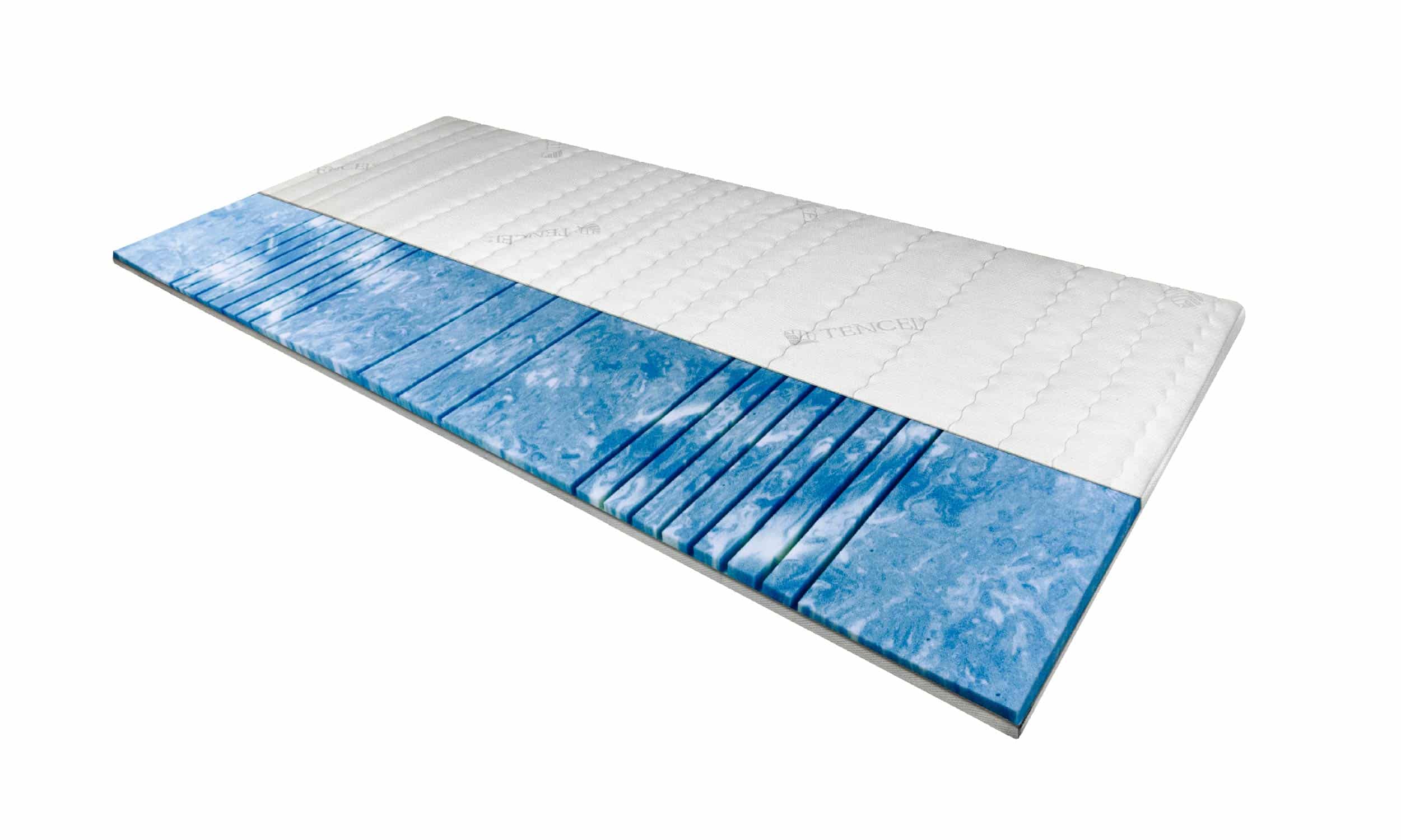Deluxe Gelschaum Topper in Weiß und Blau, mit gestepptem Bezug und strukturiertem Schaumkern für optimalen Schlafkomfort.