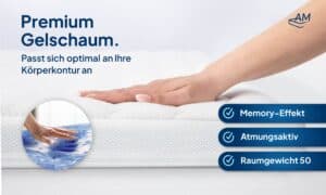 Premium Gelschaum-Topper mit Memory-Effekt, atmungsaktiv und Raumgewicht 50, zeigt Hand auf der Oberfläche.