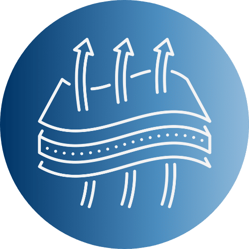 Symbol für atmungsaktives Material mit Luftzirkulation, dargestellt durch geschichtete Linien und Pfeile.