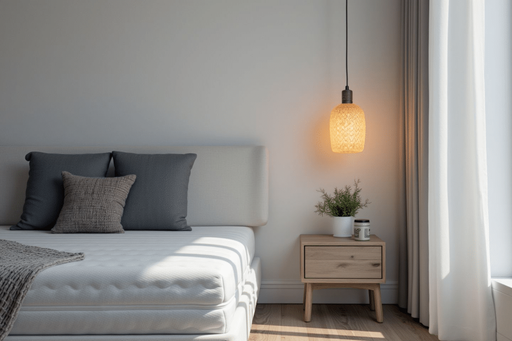 Schlichte Schlafzimmeransicht mit einer hochwertigen Matratze, grauen Kissen und einem Holz-Nachttisch.