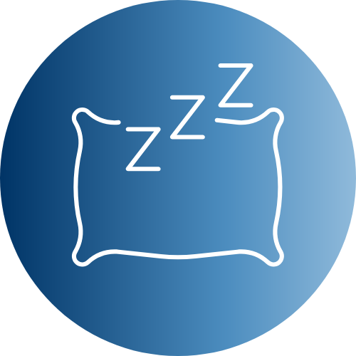 Icon eines Kopfkissens mit Schlafsymbolen, in blauen Farbtönen gestaltet.