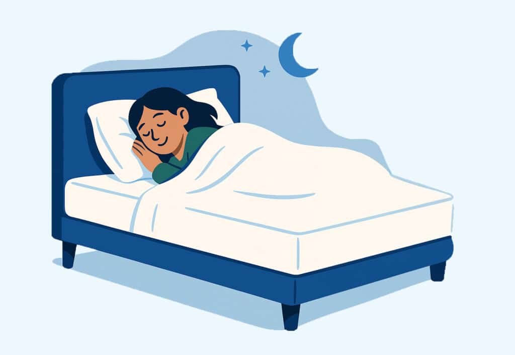 Eine schlafende Person in einem Bett mit blauer Umrandung, unter einer weißen Decke, in einem ruhigen, nächtlichen Ambiente.