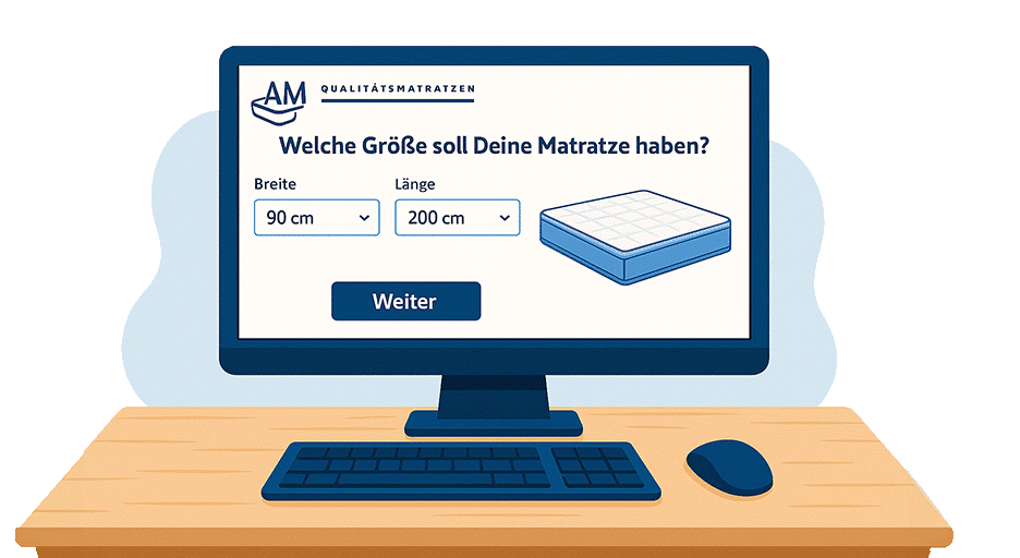 Illustration eines Computers mit einer Matratzenfinder-Anwendung, die Größenoptionen für eine Matratze anzeigt.