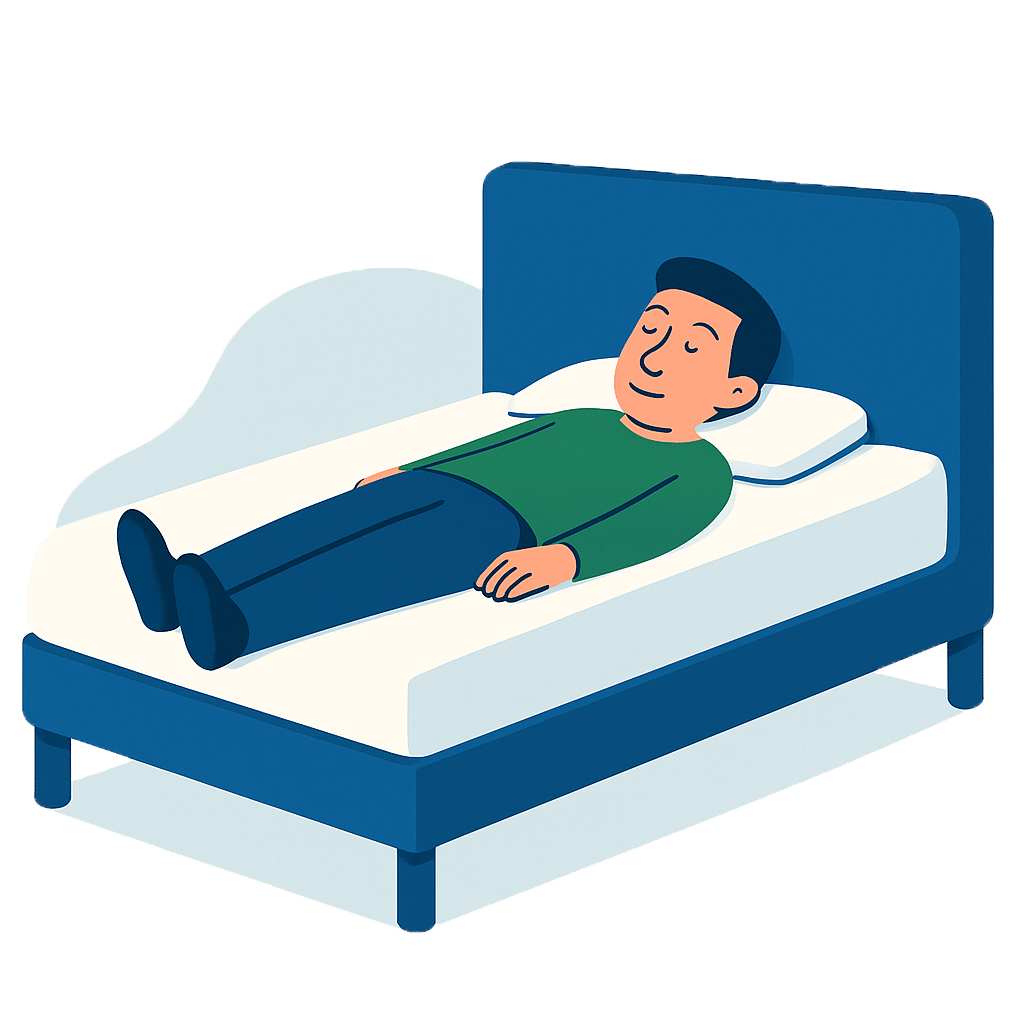 Eine Person liegt entspannt auf einem modernen, blauen Bett mit zwei Kissen.