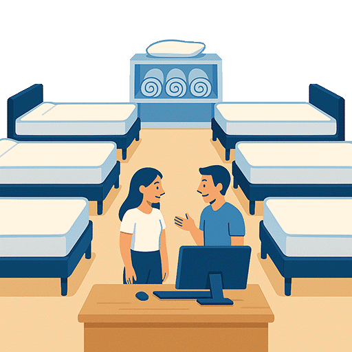 Zwei Personen im Gespräch in einem Matratzen-Showroom mit mehreren Betten und einem Computer.