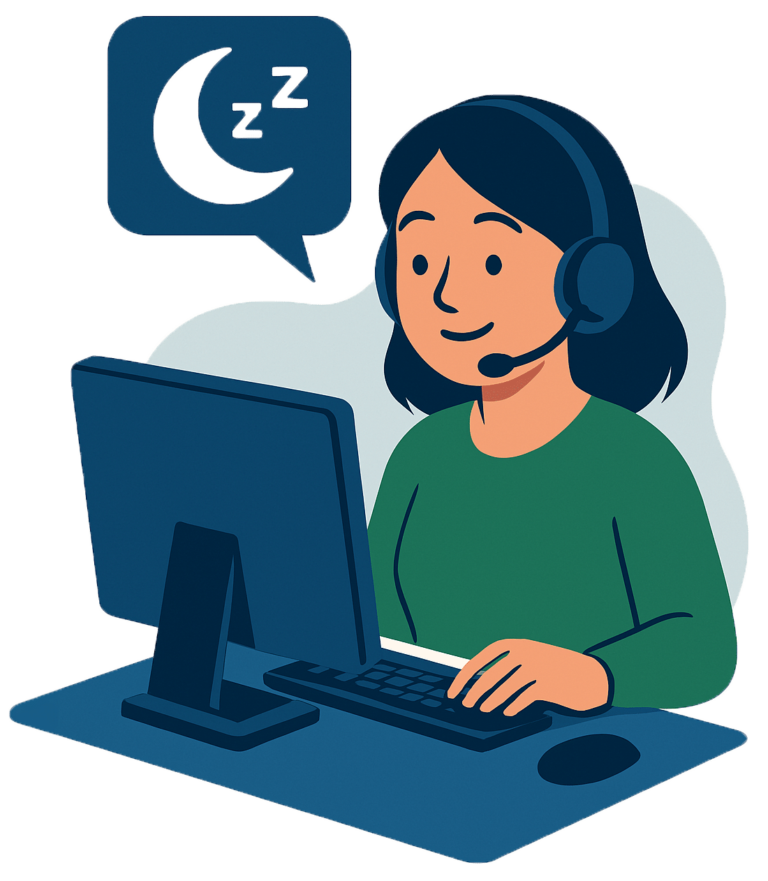 Eine Person mit Headset sitzt am Computer und bietet telefonische Schlafberatung an.