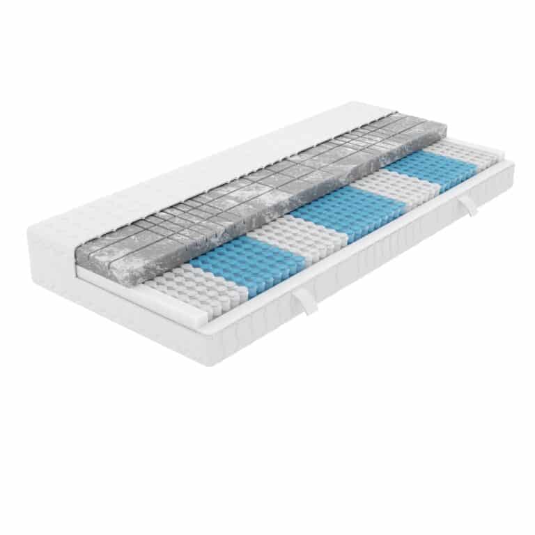 Matratzenauflage mit blauen und weißen Mustern auf weißem Untergrund