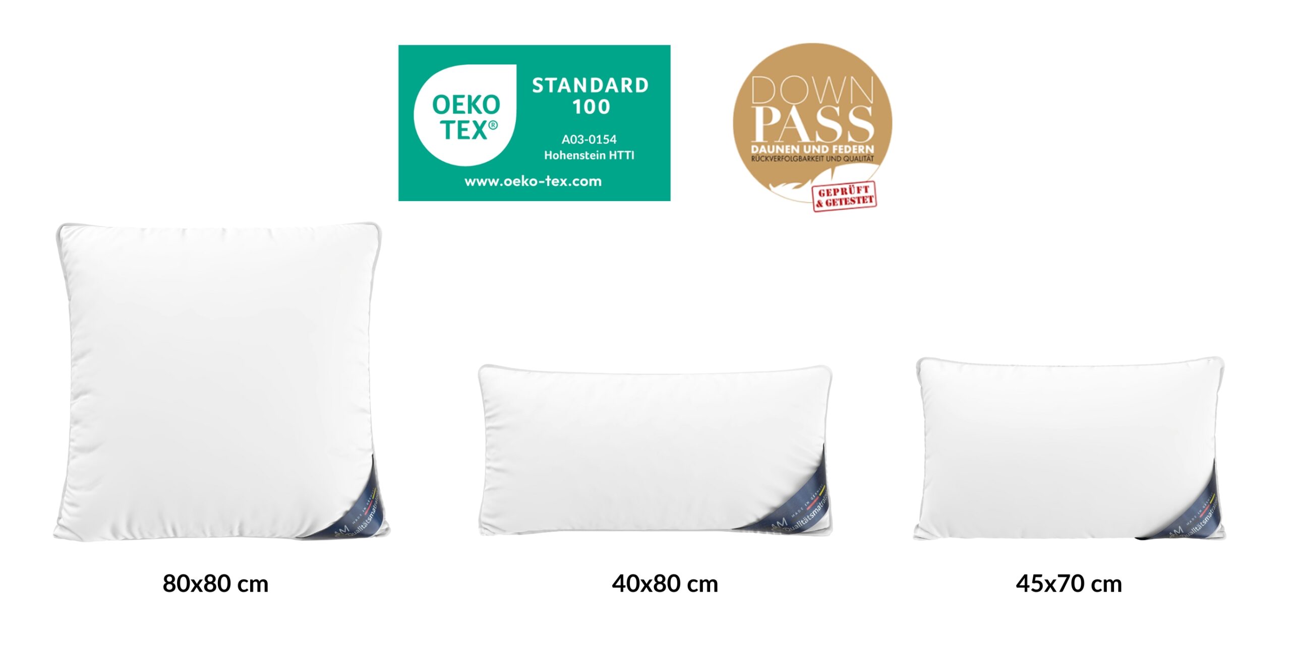 Daunenkissen in drei Größen 80x80, 40x80x 45x70cm von AM Qualitätsmatratzen nebeneinander aufgereiht